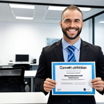 **A confident Network Administrator, smiling, holding a CCNA certificate. In the background, a modern office with Cisco equipment and servers. Focus on conveying success and career advancement.**