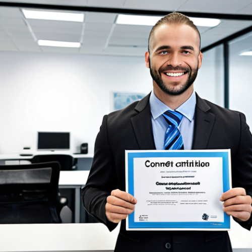 Home 15 **A confident Network Administrator, smiling, holding a CCNA certificate. In the background, a modern office with Cisco equipment and servers. Focus on conveying success and career advancement.**