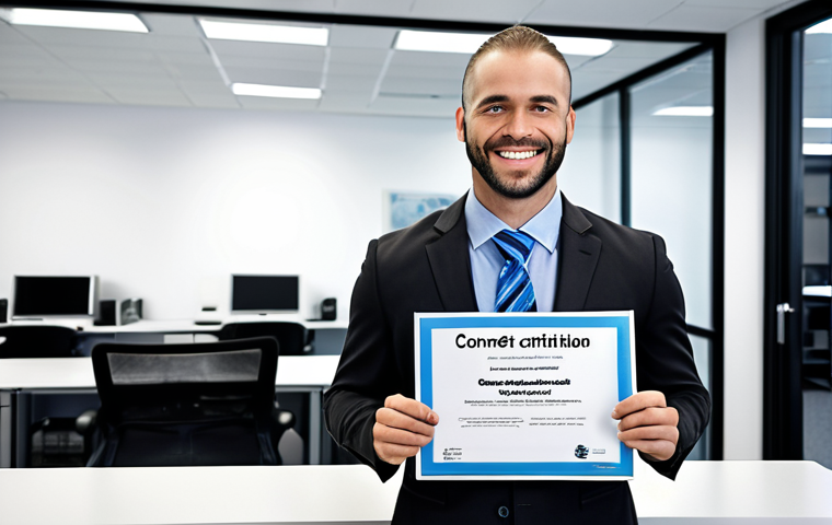 **A confident Network Administrator, smiling, holding a CCNA certificate. In the background, a modern office with Cisco equipment and servers. Focus on conveying success and career advancement.**