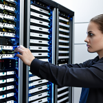 ** Network Administrator working diligently in a server room, focused on securing and maintaining network infrastructure. Emphasize the dedication and responsibility.

**