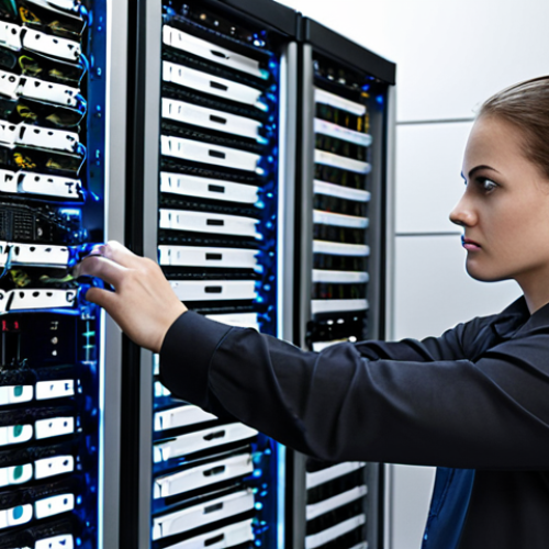 Home 8 ** Network Administrator working diligently in a server room, focused on securing and maintaining network infrastructure. Emphasize the dedication and responsibility.
**