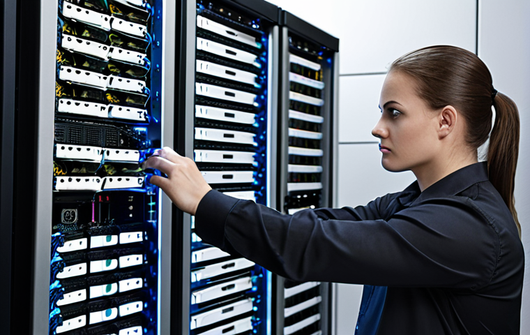 ** Network Administrator working diligently in a server room, focused on securing and maintaining network infrastructure. Emphasize the dedication and responsibility.
**